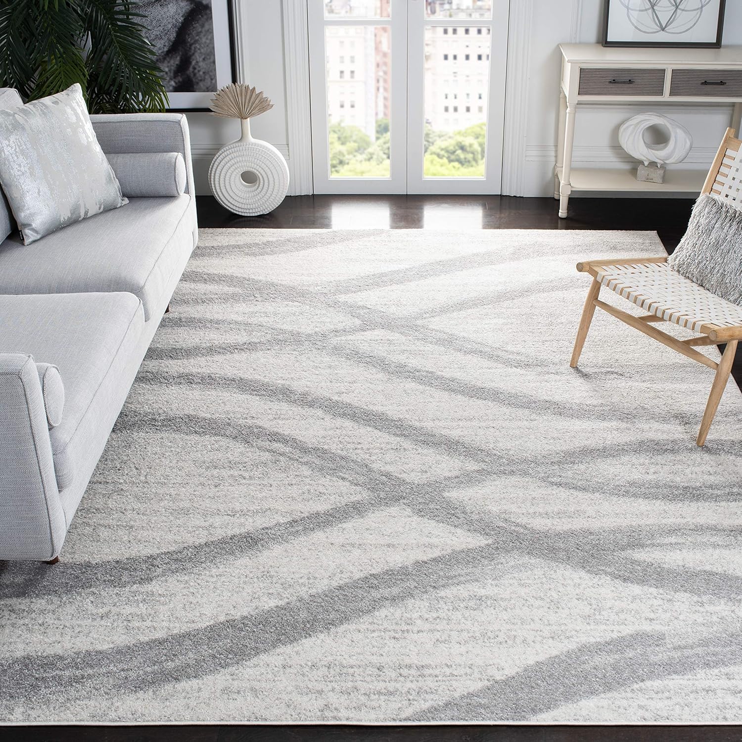 Area Rug - 9' x 12', Cream & Grey, Modern Wave Distressed