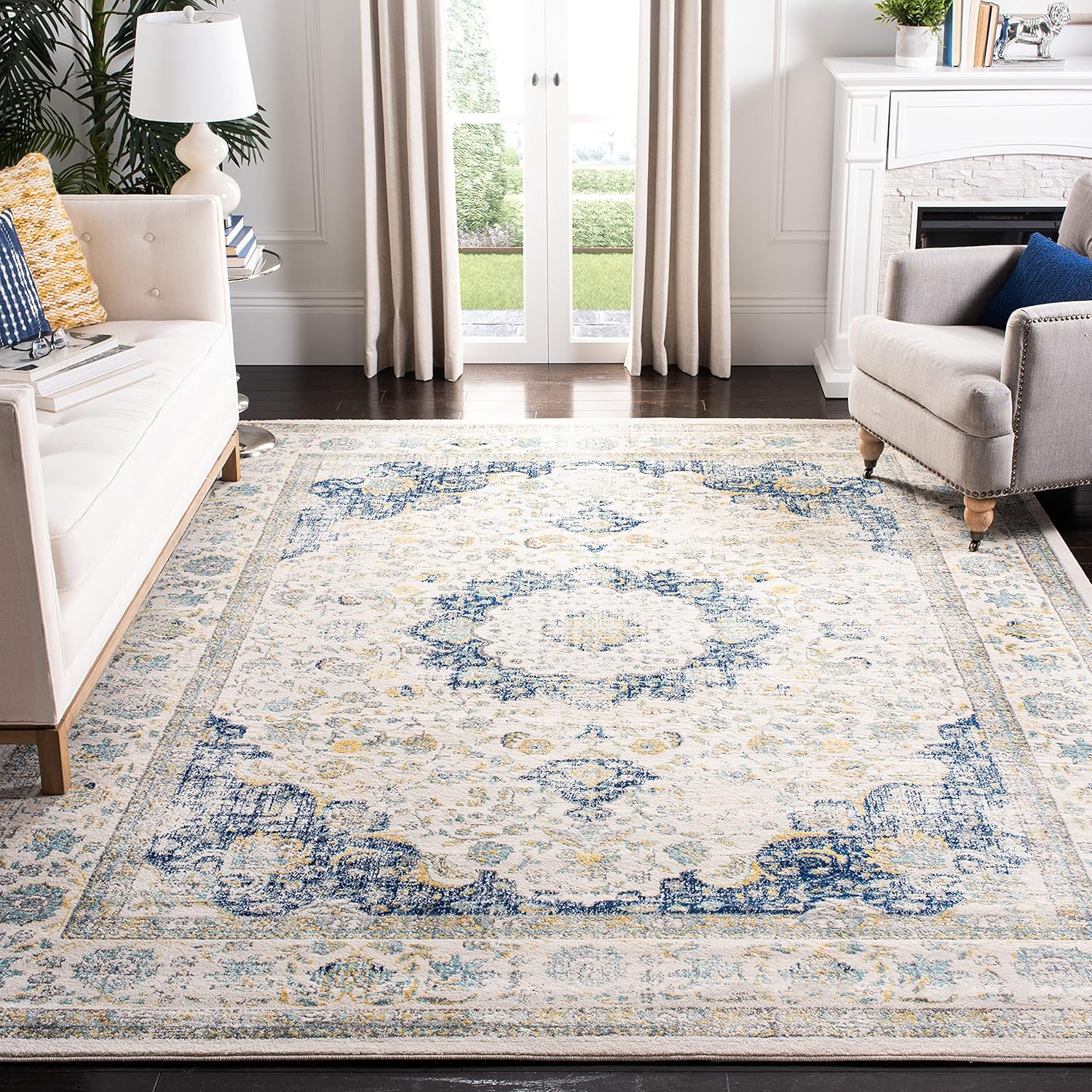 Area Rug - 8' x 10', Ivory & Blue, Shabby Chic Oriental Medallion Design