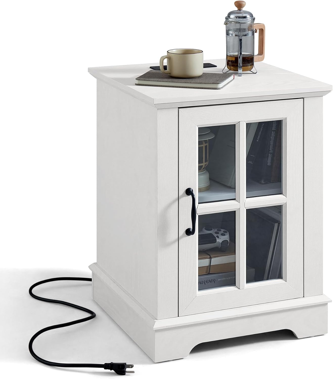 End Table with Charging Station, Modern Side Table with Storage Cabinet