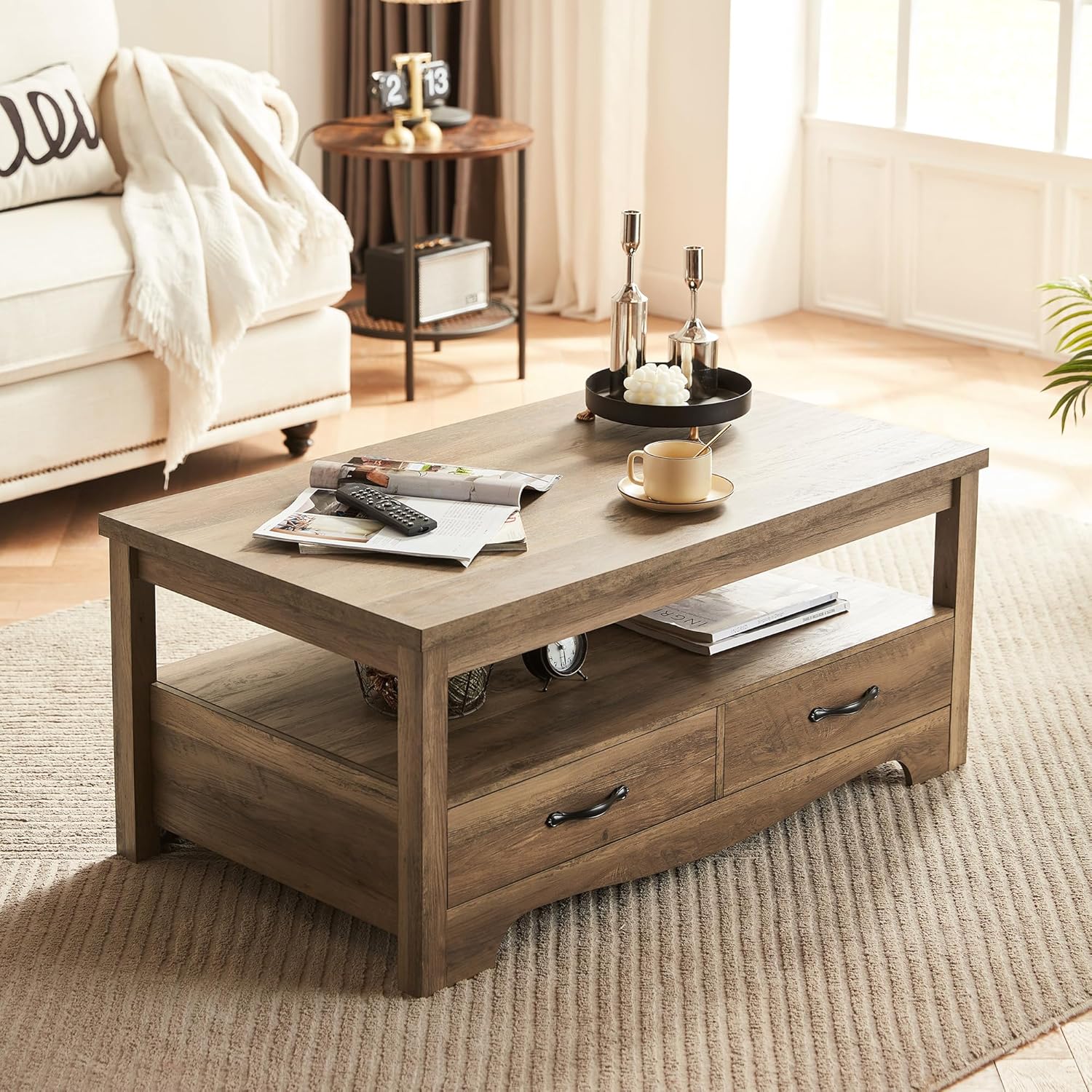 Farmhouse Coffee Table with Storage, Wood Coffee Table Brown
