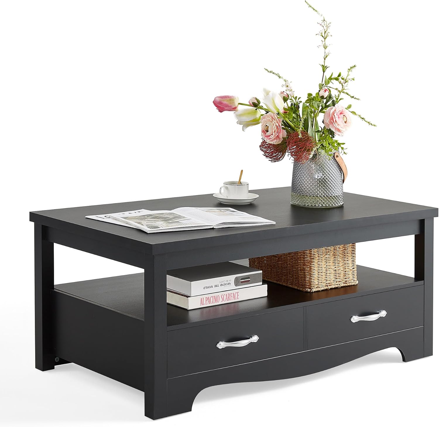 Farmhouse Coffee Table with Storage, Wood Coffee Table Black